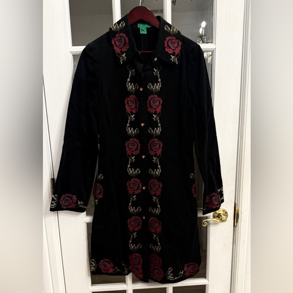 TIBI Women’s Black Corduroy Rose Embroidered Long Coat Size 10